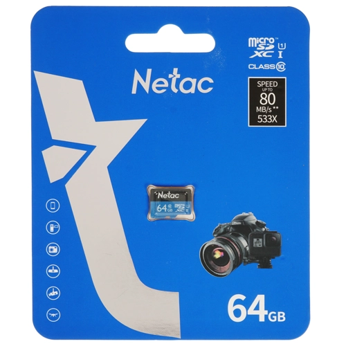 Карта памяти microSD .64Gb Netac P500 Class 10, 80MB/s, без SD адаптера