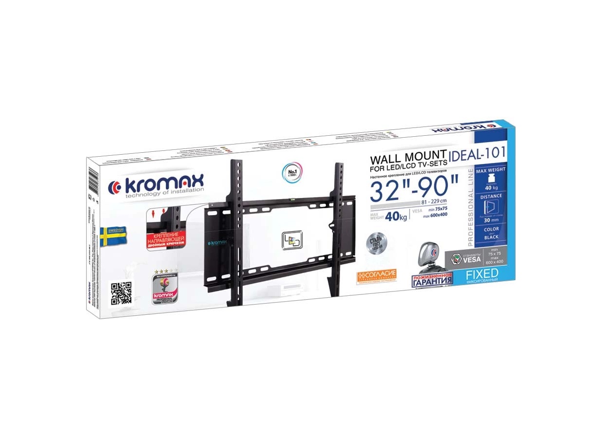 Крепление для телевизора Kromax IDEAL-101 (32"-90" макс.40кг настенный фиксированный) Black