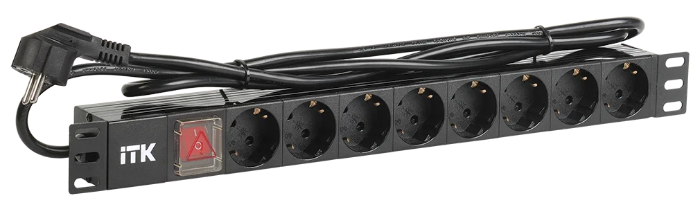 Блок розеток 8-розеток, 19" для серверной стойки, горизонтальный, 16А, Schuko , кабель 2м