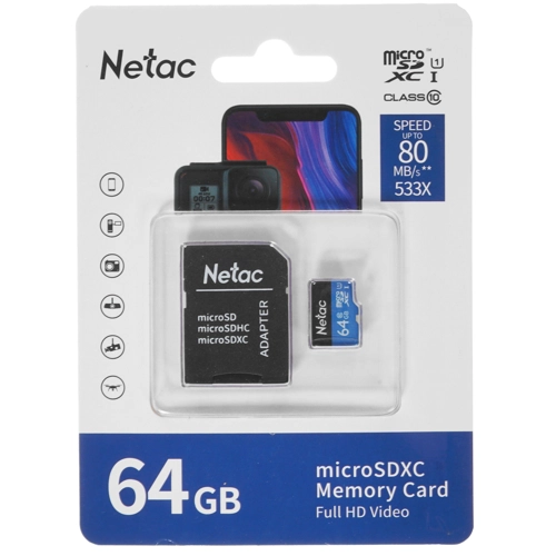 Карта памяти microSD 64Gb Netac P500 Class 10, 80MB/s, с SD адаптером
