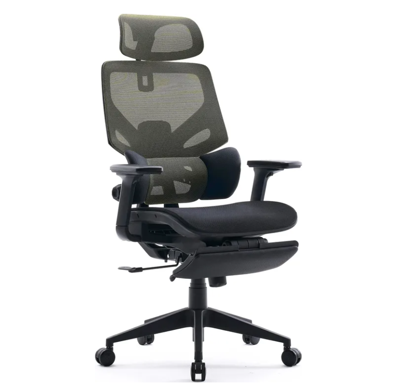 Кресло Cactus CS-CHR-MC01-LGNBK (сетка/ткань, с подголов., подст.для ног) Черный-салатовый