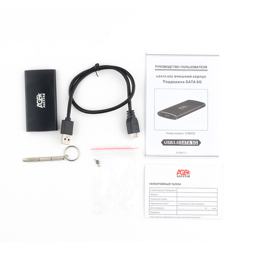 Внешний контейнер USB3.0 -> mSATA", AgeStar 3UBMS2, алюминий, черный