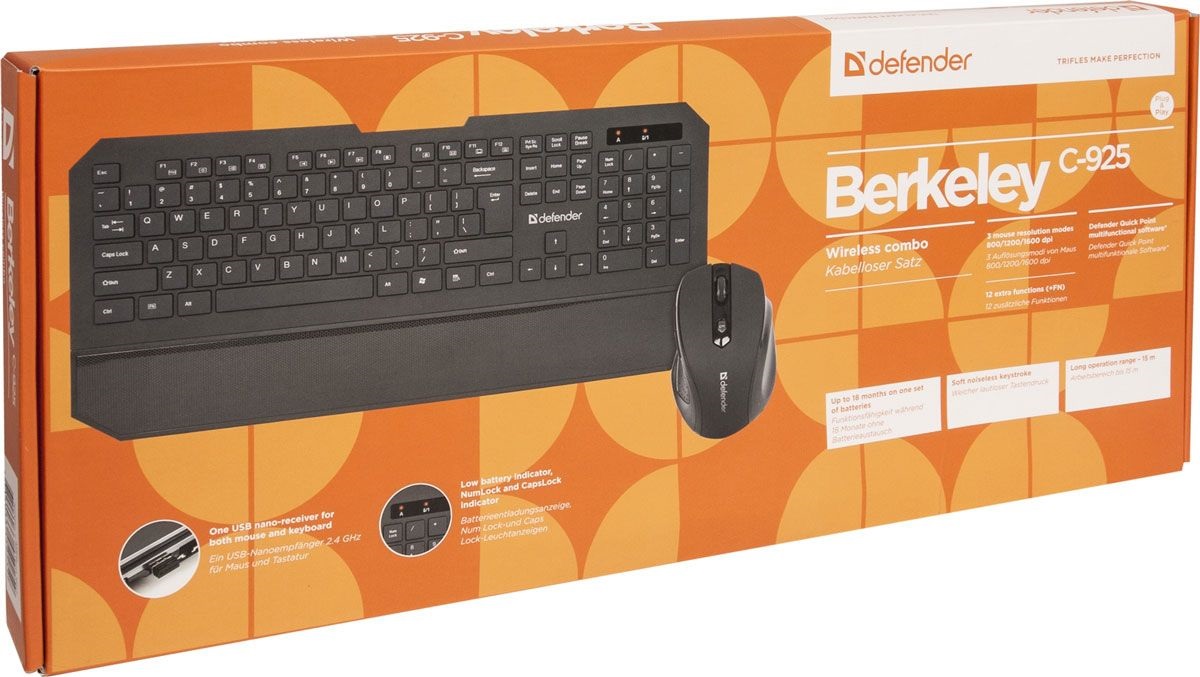 Комплект беспроводной (клавиатура+мышь) Defender Berkeley C-925 USB Wireless черный