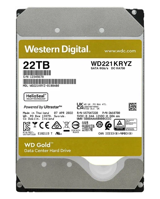 Жесткий диск SATA 22Tb WD Gold 7200rpm 512Mb SATA-3