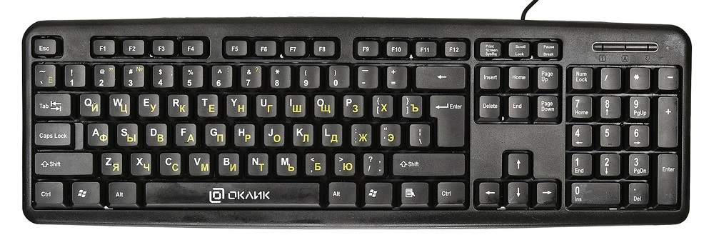 Клавиатура проводная Oklick 130M желтые буквы кириллицы) Black