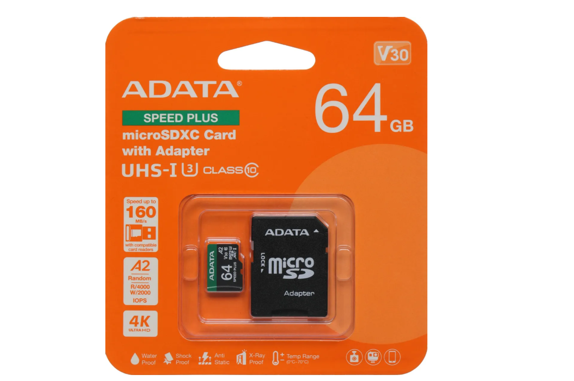 Карта памяти microSD .64Gb ADATA Speed Plus V30 A2 microSDXC CLASS 10 UHS-I + адаптер SD