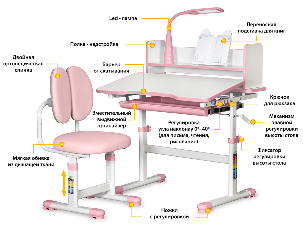 Стол Mealux BD-24 PN pink (ш79 х г39-60 х в53-72, стул и лампа в комплекте) бело-розовый