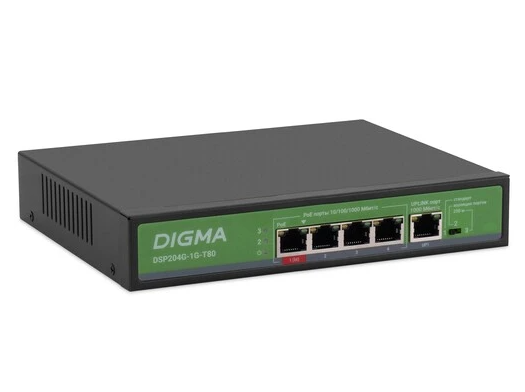 Коммутатор 5 port Digma DSP204G-1G-T80 1000 Мбит/сек 4*PoE