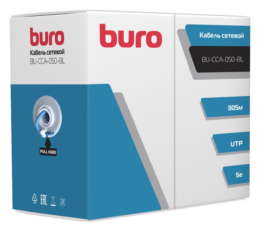 Кабель витая пара внутренний 4 пары UTP кат.5e (305м) Buro solid CCA, синий
