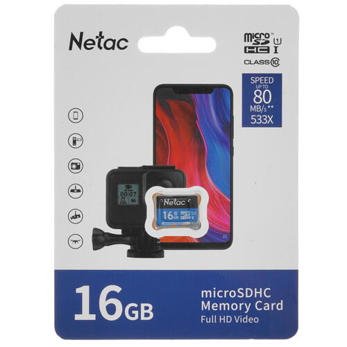 Карта памяти microSD .16Gb Netac P500 Class 10, 80MB/s, без SD адаптера