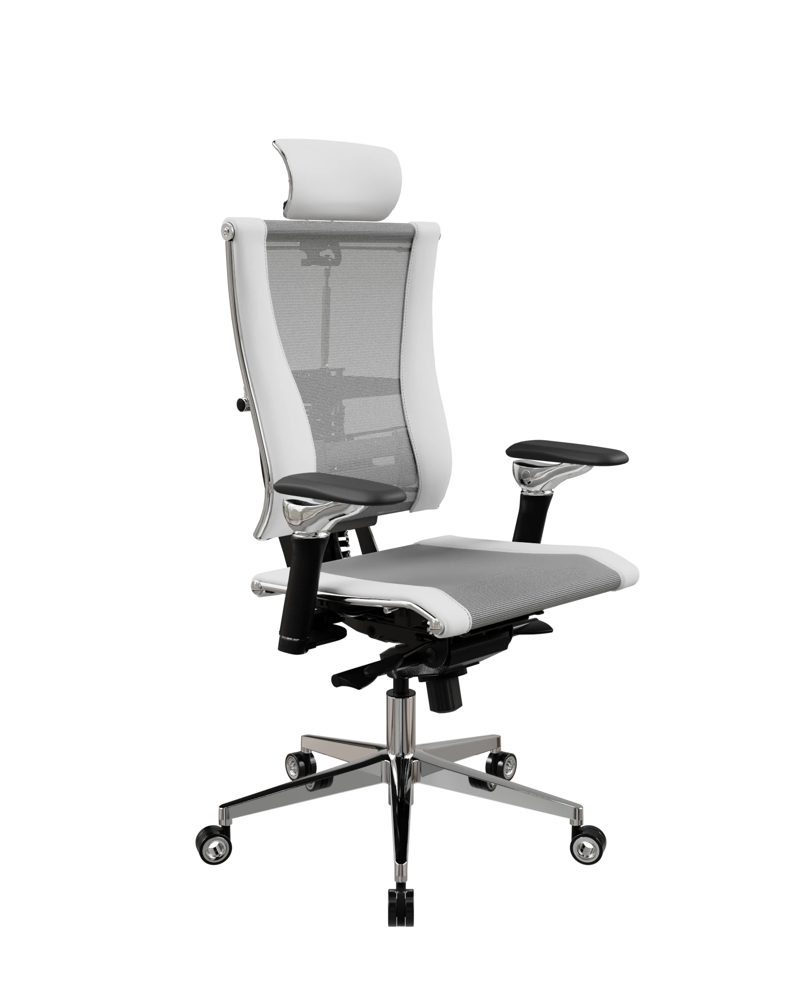 Кресло МЕТТА Yoga Spine F (Адаптивная V-образная спинка, Сетка+Экокожа Infinity) Светло серый - Белый
