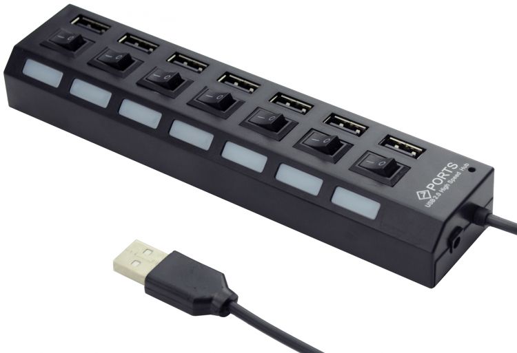 Концентратор USB-A - 7-port USB2.0, Gembird UHB-U2P7-02, питание, черный