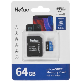 Карта памяти microSD .64Gb Netac P500 Class 10, 80MB/s, с SD адаптером