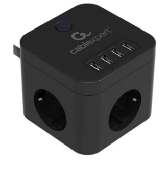 Сетевой фильтр Cablexpert Cube CUBE-3-U4-B-1.5, 3р, 10А, 4хUSB, 1.5м, черный