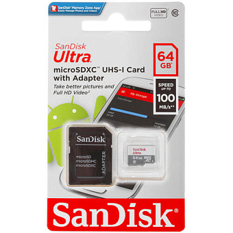 Карта памяти microSD .64Gb Sandisk Ultra microSDXC CLASS 10 UHS-I 100MB/s + SD адаптер