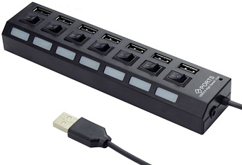 Концентратор USB-A - 7-port USB2.0, Gembird UHB-U2P7-02, питание, черный
