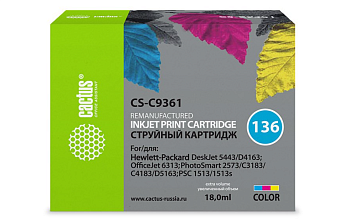 Картридж струйный Cactus CS-C9361 №136 многоцветный (18мл) для HP DJ 5443/D4163/DJ 6313/PS 2573/C3183/C4183/D5163/1513
