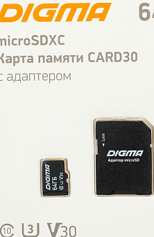 Карта памяти microSD .64Gb Digma CARD30, Class 10, UHS-I U3, 80 МБ/с + adapter