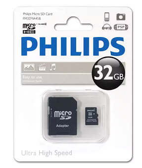 Карта памяти microSD .32Gb PHILIPS microSDHC Class 10 + SD адаптер