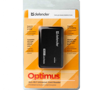Внешний картридер USB2.0 Defender Optimus CF/microSD/SD/MMC, черный