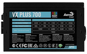Блок питания .700W Aerocool VX Plus 700 RGB (120mm, 24+2*4pin, 2*8pin, 6*SATA, 4*IDE)