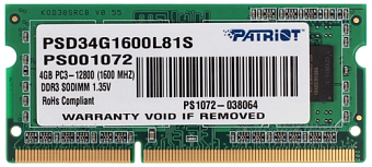 Модуль памяти SODIMM DDR3 4096Mb PC-12800 1600MHz Patriot 1.35v