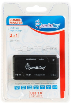 Концентратор USB-A - 3-port USB2.0 + Картридер, Smartbuy SBRH-750-K, черный