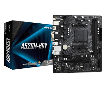 Материнская плата Socket AM4 ASRock A520M-HDV (A520) 2*DDR4 1*PCI-Ex1 1*PCI-Ex16 SATA VGA DVI HDMI m