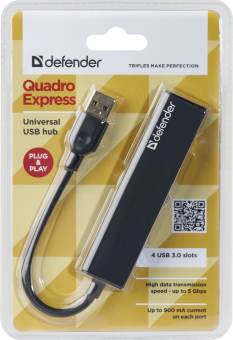 Концентратор USB-A - 4-port USB3.0, Defender Quadro Express, черный