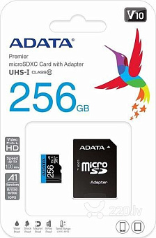 Карта памяти microSD 256Gb ADATA Premier microSDXC Class 10 UHS-I (100/25MB/s) + адаптер SD