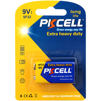 Элемент питания крона, 9V, 1шт, PKCELL 6F22-1B (солевой)