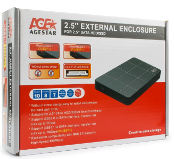 Внешний контейнер USB3.0 -> SATA 2.5", AgeStar 3UB2P1C, type-c, пластик, чёрный