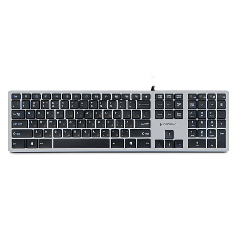 Клавиатура проводная Gembird KB-8420 (ножничный (бесшумный) механизм, оранжевая кириллица, кабель 1.5м) серый