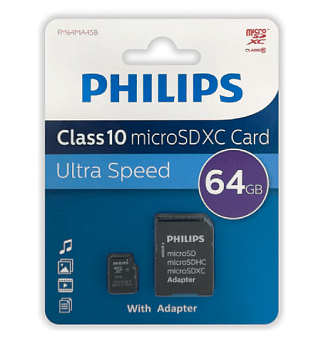 Карта памяти microSD 64Gb PHILIPS microSDHC Class 10 + SD адаптер