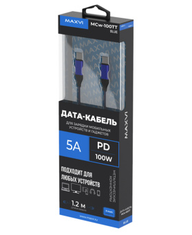 Кабель USB-C < - > USB-C, 1.2м, Maxvi MCw-100TT 100W Blue