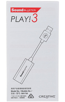 Звуковая карта внешняя Creative Sound Blaster Play! 3 (USB, 24бит/48кГц, 2.0, 1*Jack3.5-in, 1*Jack3.