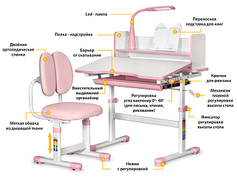 Стол Mealux BD-24 PN pink (ш79 х г39-60 х в53-72, стул и лампа в комплекте) бело-розовый