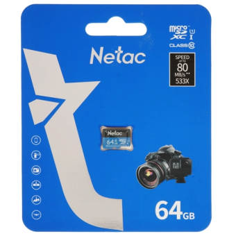 Карта памяти microSD .64Gb Netac P500 Class 10, 80MB/s, без SD адаптера