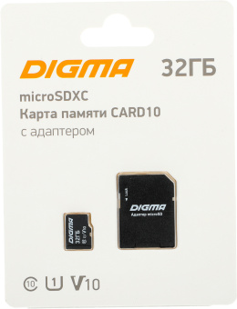 Карта памяти microSD .32Gb Digma CARD10, Class 10, UHS-I U1, 70 МБ/с + адаптер SD