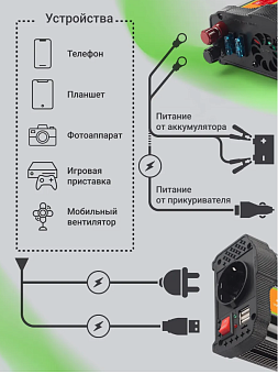 Преобразователь напряжения 200W" AI200-12W (автомобильный, 11-15В, Порт USB) металлический корпус