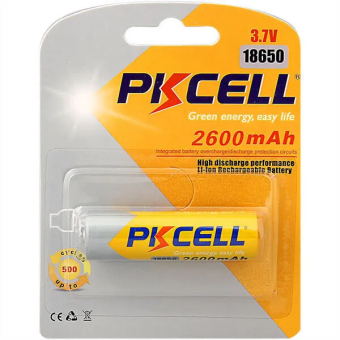 Аккумулятор 18650, 3.7V, 2600mAh, 1шт, PKCELL 18650 2600-1B (литий-ионный)