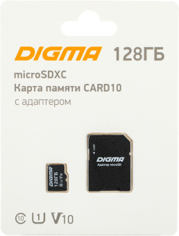 Карта памяти microSD 128Gb Digma CARD10, Class 10, UHS-I U1, 90 МБ/с + adapter