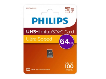 Карта памяти microSD 64Gb PHILIPS High Speed  microSDHC Class UHS-I U3, V30, A1, 100MB/s