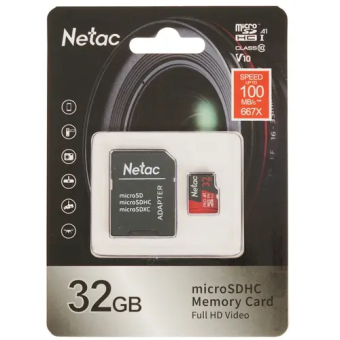 Карта памяти microSD .32Gb Netac P500 Extreme Pro Class 10, 100MB/s, с SD адаптером