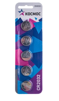 Элемент питания CR2032, 3V, 5шт, Kocмос CR2032 на блистере