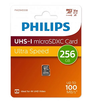 Карта памяти microSD 256Gb PHILIPS microSDHC Class 10 High Speed  UHS-I U3, V30, A1, 100MB/s