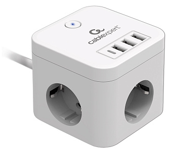 Сетевой фильтр Cablexpert Cube CUBE-3-CU3-W-1.5, 3р, 10А, 1xType-C PD, 3xUSB, 1.5м, белый