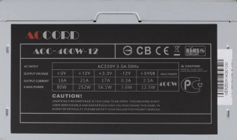 Блок питания .400W Accord ACC-400-12 (120mm, 20+8pin, 1*6pin, 4*Sata, 1*IDE, 1*FDD)