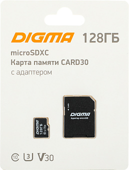 Карта памяти microSD 128Gb Digma CARD30, Class 10, UHS-I U3, 90 МБ/с + adapter