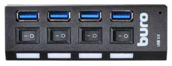 Концентратор USB-A - 4-port USB3.0, BURO BU-HUB4-U3.0-L, черный